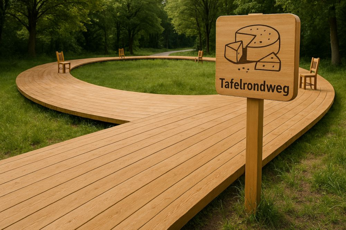 Cirkelvormige houten route in Turnhout met symbolische verkeersborden en overlegplekken, onderdeel van de satirische Tafelrondweg.